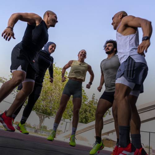 A group of people doing warm up